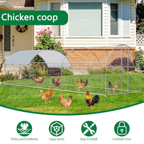 Outdoor Metal Chicken Coop Large Walk-in Poultry Cage Spire-Shaped Chicken Run with Waterproof and Anti-Ultraviolet Cover for Outside,Backyard and Farm,19.6' L*9.8' W*6.5' H - size: 235.2"L x 117.6"W x 78.0"H