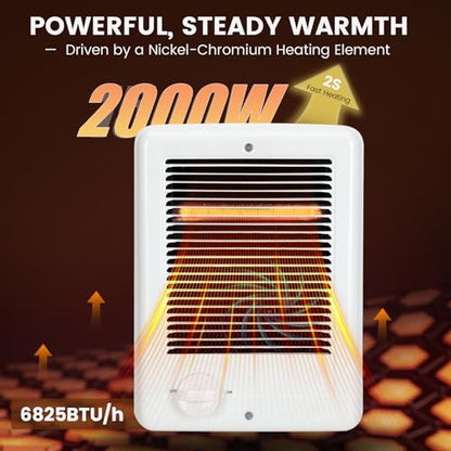 Upgraded CSC202TW In Wall Heater – 2000 Watts, 6825 BTU, 240 Volts, Built-In Thermostat, Fast-Heating Complete Unit, Electric Wall Heater for Indoor Rooms & Bathrooms