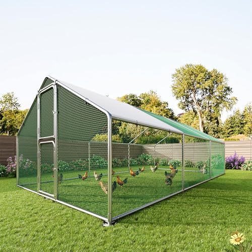 Large Chicken Run Metal Walk in Chicken Coops for 20-30 Chickens with Hardware Cloth, Spire Roof Hen House with Security Lock, Outdoor Cage Peak Hen House for Yard Farm (10×20 FT) - color: Silver, size: 20'L × 10'W × 6.5'H