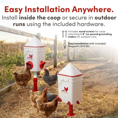 RentACoop Chicken Feeder & Waterer Set– 25lb No-Waste Feeder with 4 Large Ports + 5-Gallon Waterer with Auto-Fill Cups & Horizontal Nipples – BPA-Free, Anti-Roost Cone, Adjustable Stands