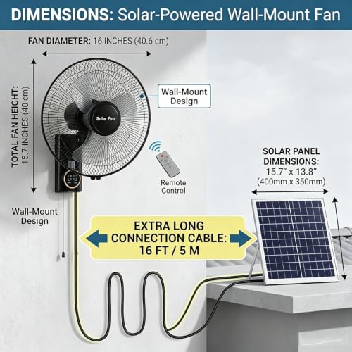 16" Solar exhaust chicken coop fan,wall mounted fan with remote,for outdoor gazebo patios Barn Garage,AC/Solar Dual Power, 90° Oscillating Cooling System