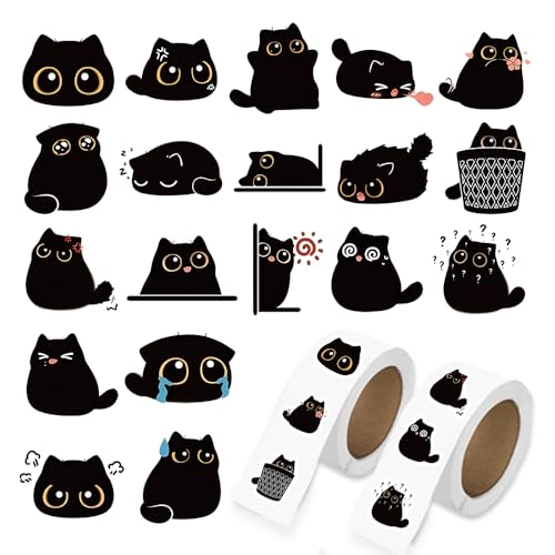 1000 Pcs Black Cats Decor Stickers Bulk 2 Roll 1 Inch,Cute Animal Sticker Pack Book Water Bottles Laptop,Cartoon Cat Meme Stickers for Boys Girls - color: Black Cats