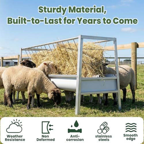 100 Gallons Heavy-Duty Goat Hay Feeders with Detachable Grain Tray, Anti-Rust Horse Trough, Galvanized Steel Hay Feeder for Goats/Sheep/Horse/Cow, No Need for Maintenance/Easy to Assemble