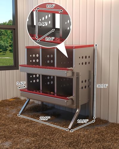 Chicken Nesting Boxes 6 Compartments, Metal Chicken Nesting Boxes, Waterproof & Rustproof Laying Boxes for Hens, Ventilation & Perch, Roll Away Egg Laying Box for Hens,Wall-Mountable & Freestanding