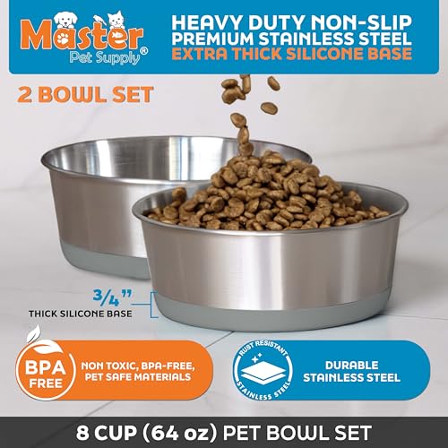 Master Pet Supply Stainless Steel Dog Bowls Set of 2 with Extra Thick Silicone Base - 8 Cup (64 oz) Graphite, Non-Slip, Dishwasher Safe Metal Bowls, Pet Dog Food Bowl for Dogs, Cats, Anti Rust - color: Graphite, size: 8 Cups (64 oz) 2 Pack
