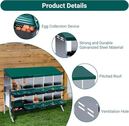 10 - Compartment Roll Away Chicken Nesting Box, Wall - Mount Laying Egg Box with Easy Egg Collection & Cleanable Pull - Out Trays, Hen Roosting Boxes for Efficient Egg Laying（Green）