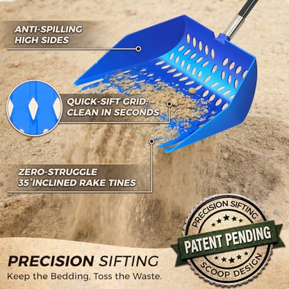 Chicken Poop Scooper & Rake 3 in 1 - Aluminum Alloy Chicken Coop Scoop & Snap-Lock Telescoping Adjustable Handle (16 to 44”), Sand Sifter Shovel for Small Farm Animals US Patent Pending (Aqua Blue) - color: Aqua Blue