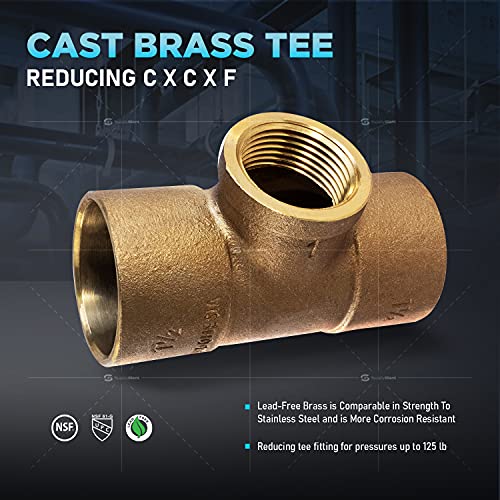 Supply Giant DDGU1121 Cast Brass Tee Fitting Pipe with Solder Cups and Female Thread Branch No Lead 1-1/2 Inch x 1-1/2 Inch x 1 Inch - size: 1-1/2" x 1-1/2" x 1"