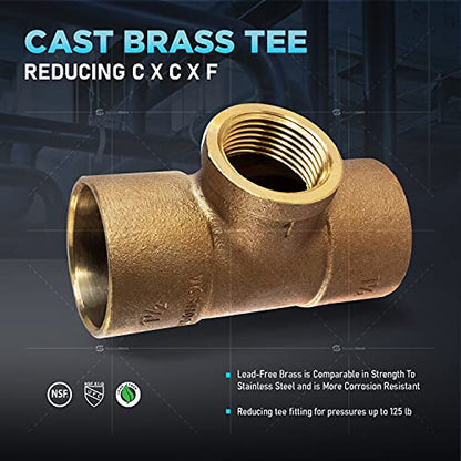 Supply Giant DDGU1121 Cast Brass Tee Fitting Pipe with Solder Cups and Female Thread Branch No Lead 1-1/2 Inch x 1-1/2 Inch x 1 Inch - size: 1-1/2" x 1-1/2" x 1"