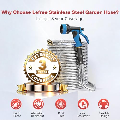 Lefree 50ft Metal Garden Hose - Heavy Duty 304 Stainless Steel Flexible Water Hose, No Kinks & Leak-Proof with Upgraded Handle, 10-Function Spray Nozzle for Balcony, Patio, Small Yard, Car Wash - color: Silver, size: 50FT
