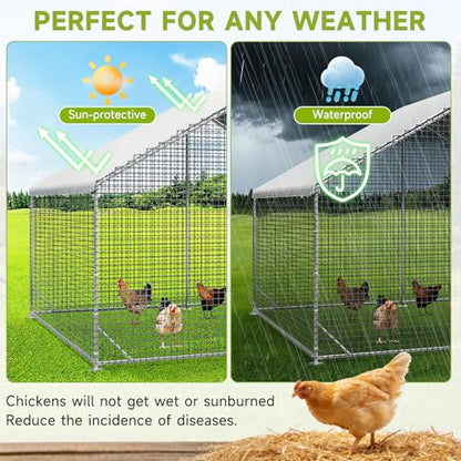 Large Walk-in Chicken Coop with Chicken Run, Galvanized Poultry Enclosure with Waterproof Anti-UV Cover and Security Lock, Ideal for Rabbit, Duck, Backyard and Farm Yard，13.1'x 9.8'x 6.6' - size: 157.7"L x 117.6"W x 78.7"H