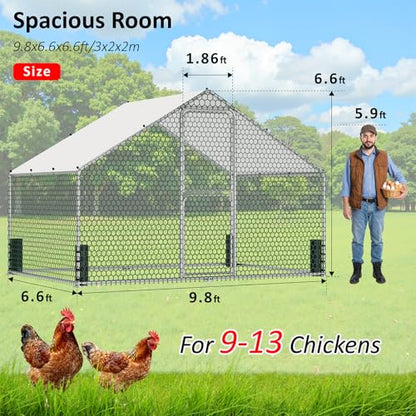 Large Metal Chicken Coop, Walk-in Chicken Run with Feeding Door, Security Lock and Cover, Outdoor Duck/Rabbit Cage Poultry Pen for Backyard, Farm, Yard (Silver - Spire Roof, 9.8 x 6.5 x 6.5 FT)