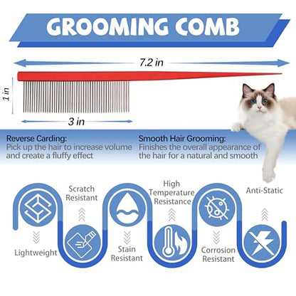 Grooming Pet Comb Rat Tail Dematting Cat and Dog Comb，Rounded Ends Design for Safe Tangle Removal, Hairstyling, Massage，Loose Hair Removal，Prevent Irritation，Fluffing Paws,Face,Tail,Remove Tear Stain - color: Red
