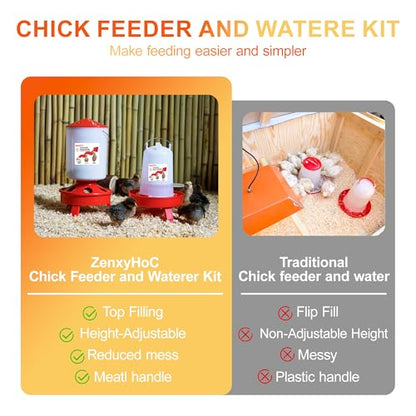 2-in-1 Chick Starter Set: 0.8 Gal Top Filling Feeder and 0.4 Gal Waterer with Adjustable Legs for Baby Chicks, Includes Scoop, Hanging Hooks, Anti-Drown Design (Red) - size: 0.8 Gal Feeder & 0.4 Gal Waterer