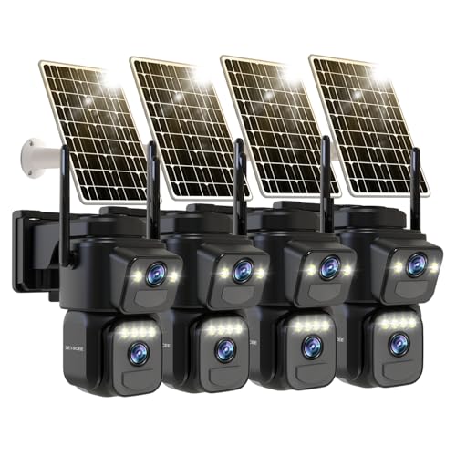 LETSCEE Dual Lens Security Cameras Wireless Outdoor，Solar Cameras for Home Security，Motion Detection,Night Vision,No Month Fee,IP65 Water Proof - color: 4 PACK