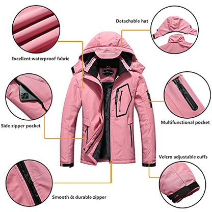 SUOKENI Women's Waterproof Warm Winter Snow Coat Hooded Raincoat Ski Snowboarding Jacket - color: Pink, size: Small