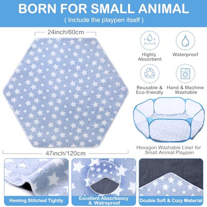 VitalCozy Hamster Playpen with Mat Small Animal Cage Tent Breathable Transparent Guinea Pig Playpen Waterproof Portable Yard Fence Mat Foldable Exercise Playpen Outdoor Indoor (Blue,Star) - color: Blue