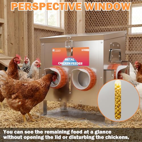 Automatic Chicken Feeder No Waste 25 Pounds 4 Ports Metal Poultry Feeder with Adjustable Legs Perspective Window Latch & Handle for Chickens Bantams Pheasants - size: 4 Ports - 25 LBS