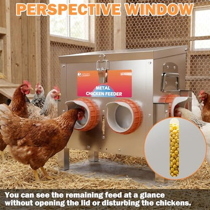 Automatic Chicken Feeder No Waste 25 Pounds 4 Ports Metal Poultry Feeder with Adjustable Legs Perspective Window Latch & Handle for Chickens Bantams Pheasants - size: 4 Ports - 25 LBS