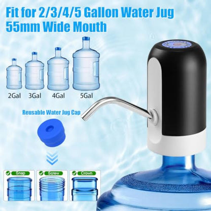 CHIVENIDO 5 Gallon Water Dispenser - Water Bottle Pump with Reusable Cap for Screw Top or Crown Tops, USB Charging Water Jug Dispenser for Universal 2-5 Gallon Bottle - color: Black