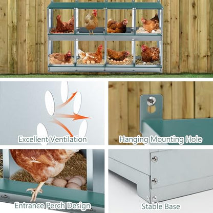 Chicken Nesting Box – 3/4/6/8-Room Metal Poultry Laying Box with Rollaway Egg Collection, Wall-Mounted Or Freestanding, Easy Assembly, Green(8 Holes)