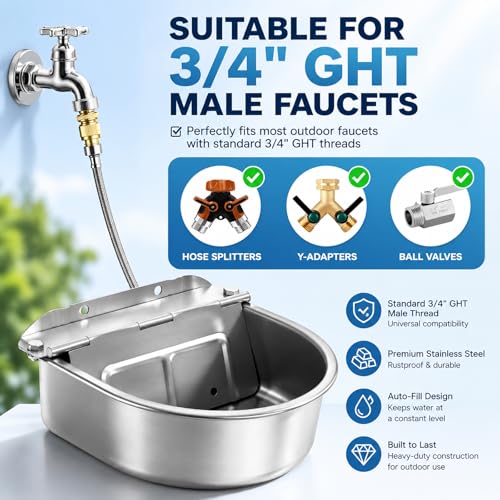 BWOGUE Automatic Water Dispenser for Dogs, 1 Gallon Outdoor Automatic Dog Water Bowl with Float Valve Stainless Steel Dispenser Fit 1/2'' and 3/4'' GHT Faucet for Dog Horse Chicken