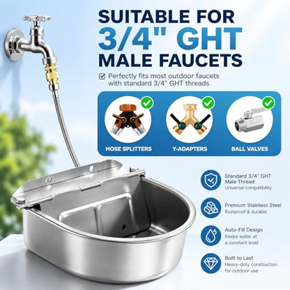 BWOGUE Automatic Water Dispenser for Dogs, 1 Gallon Outdoor Automatic Dog Water Bowl with Float Valve Stainless Steel Dispenser Fit 1/2'' and 3/4'' GHT Faucet for Dog Horse Chicken