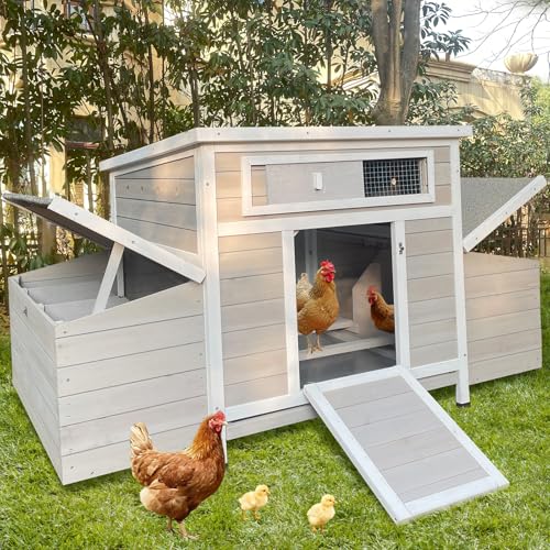 Chicken Coop, 58" Wooden Chicken Coop with 2 Sides Large Nesting Boxes for 4-6 Chickens, Poultry Hutch Rabbit Cage with No-Slip Ramp & Pull-Out Tray for Outdoor Farm Yard (White Grey) - color: White Grey