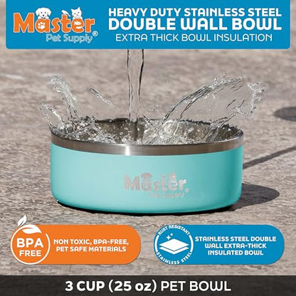 Master Pet Supply Stainless Steel Dog Bowls - 25 oz, Heavy Duty - Aqua Sky, Double Wall Extra-Thick Insulated, Non-Slip Pet Water Bowl for Dogs, Cats & Pets, Anti Rust Metal, Dish Washer Safe - color: Aqua Sky, size: 3 Cups (25 oz)