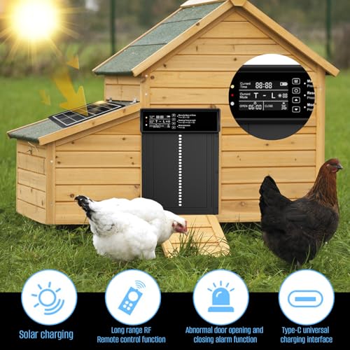 Automatic Chicken Coop Door Solar Powered, Third-Generation Upgraded, Aluminum Alloy | Light Sensor & Timer | Anti-Pinch | LCD Dsipiay | Remote Control | Low Battery Reminder | Alarm Mode