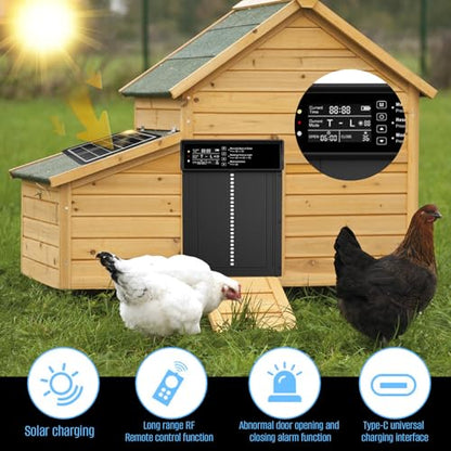 Automatic Chicken Coop Door Solar Powered, Third-Generation Upgraded, Aluminum Alloy | Light Sensor & Timer | Anti-Pinch | LCD Dsipiay | Remote Control | Low Battery Reminder | Alarm Mode