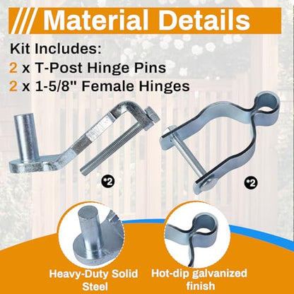 2-Pack T-Post Gate Hinge Kit for Chain Link Fence, Galvanized Steel 1-5/8" Female Hinge Pins with Hardware, 200+° Swing Easy Installation for Farm Garden Backyard Gate