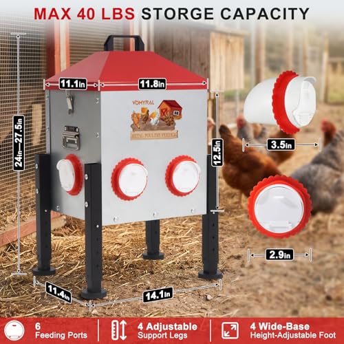 Automatic Chicken Feeder, 40LB Large Chicken Feeder with 6 Feeding Ports, No Waste Metal Poultry Feeder, Rat Proof Design, View Window, Height-Adjustable Legs for Ducks, Geese & Chickens - size: 6 Ports - Max 40 lb