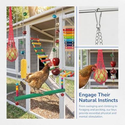 Complete Chicken Toys Set of 9 – All-in-One Chicken Coop Accessories with Xylophone, Swing, Chicken Mirror, Ladder, Vegetable String Bag & Hanging Feeder Coop Toy for Happy Hens - size: 9PCS