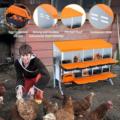 10-Hole Chicken Nesting Box, 2-Tier 10 Compartment Metal Roll Away Egg Laying Box with Lid & Legs, Easy Egg Collection, Galvanized Steel Rustproof Poultry Laying Boxes for Hens, Ducks, Farm, Yard - size: 10 holes with legs-Orange