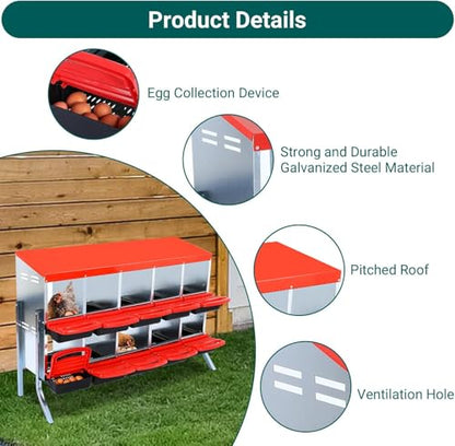 Chicken Nesting Boxes,10 Compartment Nesting Boxes for Laying Eggs with Legs,Wall Mount Poultry Roll Away Chicken Laying Boxes,Easy Egg Collection,Cleanable Pull Out Hen Roosting Boxes - color: Red