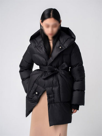 Women's Black Down Jacket Medium Length Loose Hooded Warm with Belt - size: Large