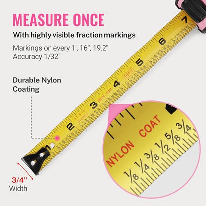 WORKPRO 16-FT Tape Measure with Fractions, 3 Brakes Retractable Measuring Tape, Compact Measurement Tape with Magnetic Hook, Nylon Coating Blade Accuracy 1/32”, Pink - style: 16-FT