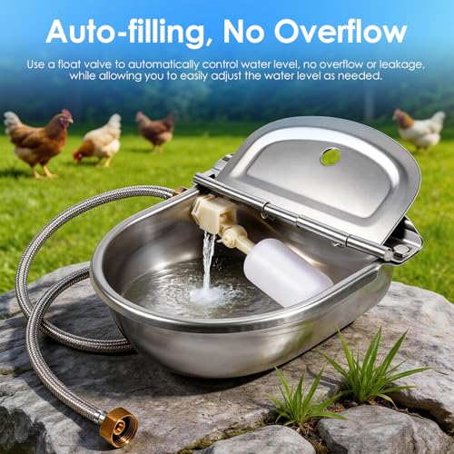 Metal Automatic Chicken Waterer with Float Valve, Stainless Steel Duck Waterer No Mess Outdoor Wall Mounted Chicken Water Dispenser with Hose and Drain Plug for Chicken Coop