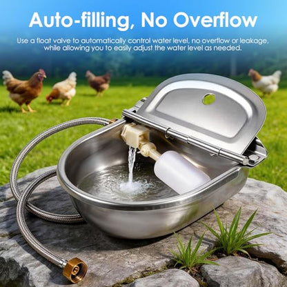 Metal Automatic Chicken Waterer with Float Valve, Stainless Steel Duck Waterer No Mess Outdoor Wall Mounted Chicken Water Dispenser with Hose and Drain Plug for Chicken Coop