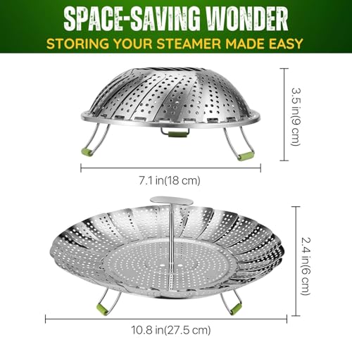 Flexzion Vegetable Steamer Basket for Pot - Stainless Steel Steaming Basket for Veggie, Fish, Meats, Eggs - Extendable Expandable Foldable Steam Basket w/Handle for Various Pot Size, 7 to 11 Inch