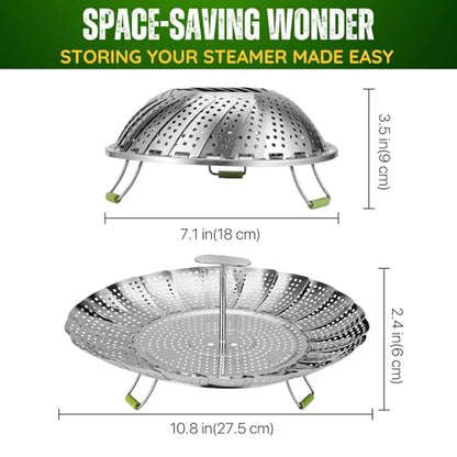 Flexzion Vegetable Steamer Basket for Pot - Stainless Steel Steaming Basket for Veggie, Fish, Meats, Eggs - Extendable Expandable Foldable Steam Basket w/Handle for Various Pot Size, 7 to 11 Inch
