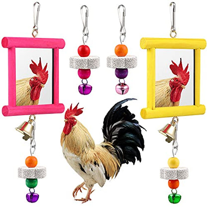 Sumind 2 Pieces Chicken Mirror Toys Hanging Swing Mirror with Bell Wooden Pecking Toy and 4 Pieces Beak Grinding Molar Stones for Hens Birds Parrots - color: Rose Red,Yellow