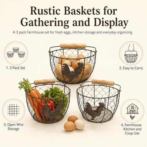 3 Pack 8 Inch Egg Basket for Gathering Fresh Eggs, Farmhouse Wire Holder with Wood Handle, Rustic Metal Round Countertop Storage with Rooster Pattern for Chicken Coop, Kitchen and Pantry