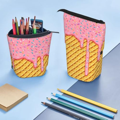 Ice Cream Kids Standing Pencil Case Girls Boys Telescopic Stationary Pouch with Zipper Large Capacity Stand up Pen Bag Portable Makeup Holder for Children School Students Office Supplies - color: Ice cream