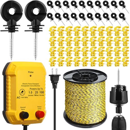 MorningRo Electric Wire Fence Kit, 25 Mile 110VAC 1 J Plug in Fence Charger with 3366 FT Polywire, 40 T Post Insulators, 20 Screw in Insulators for Pasture Farm Horse Cattle Poultry Fencing - size: 3366FT, style: 1J