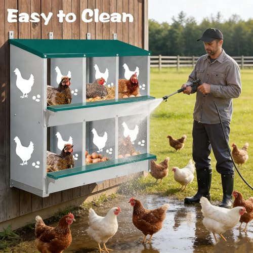 Garvee Large Metal Chicken Nesting Boxes for Hens, 6 Compartment Galvanized Steel Nesting Box with Legs, Includes 4 Fake Eggs & 10 Soft Nest Pads, Wall Mount or Freestanding for Coop & Farm - style: 6 Holes w/ Legs