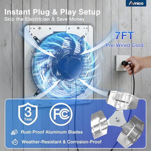 Amico 12 Inch Shutter Exhaust Fan with Remote,Energy Efficient &Quiet 25W DC Motor 1200 CFM Wall Mount Ventilation Fan for Garage,Greenhouse,Attic&Chicken Coop,9-Speed Adjustable,Plug In,Timer,FCC - size: 12 inch