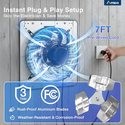 Amico 12 Inch Shutter Exhaust Fan with Remote,Energy Efficient &Quiet 25W DC Motor 1200 CFM Wall Mount Ventilation Fan for Garage,Greenhouse,Attic&Chicken Coop,9-Speed Adjustable,Plug In,Timer,FCC - size: 12 inch