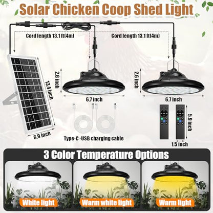 2 in 1 Solar Chicken Coop Light with Timer 6 Pcs Nesting Pads, Hanging Ceiling Pendant Heating Light for Poultry Farms Rechargeable Waterproof Solar Shed Lights for Bullpen Pig Yard Patio